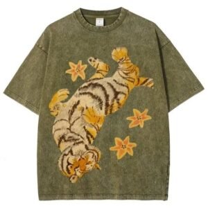 Acid-Wash Tiger & Floral Graphic Tee