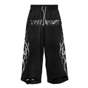 Black Distressed Graphic Wide-Leg Jogger