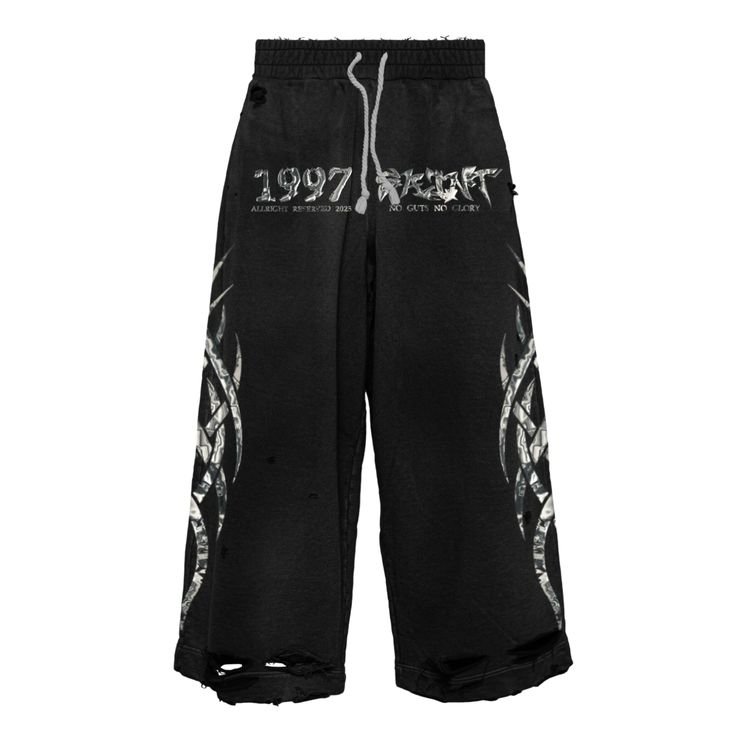 Black Distressed Graphic Wide-Leg Jogger