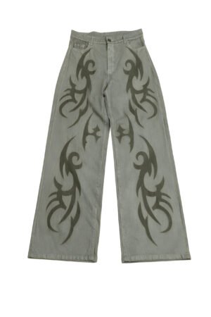 Olive Tribal Graphic Wide-Leg Jeans