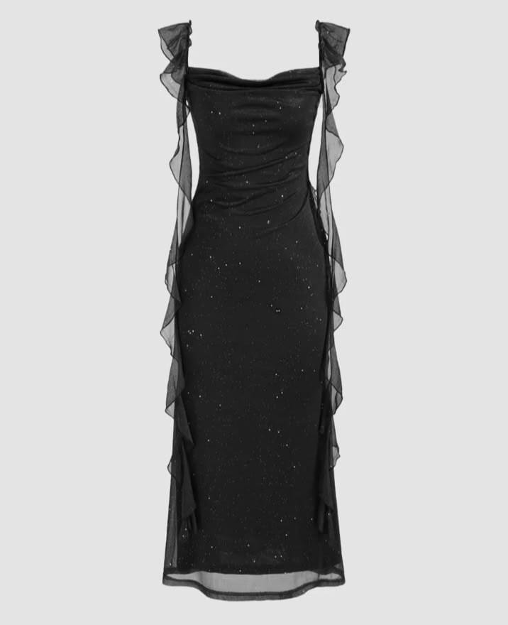 Shimmer Ruffle Sleeve Maxi Dress